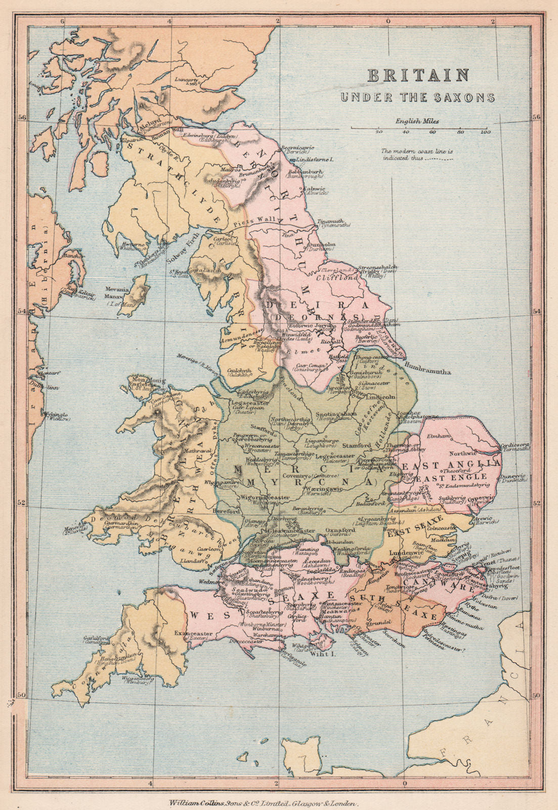 SAXON BRITAIN. Names of Saxon towns. Provinces. BARTHOLOMEW 1878 old map